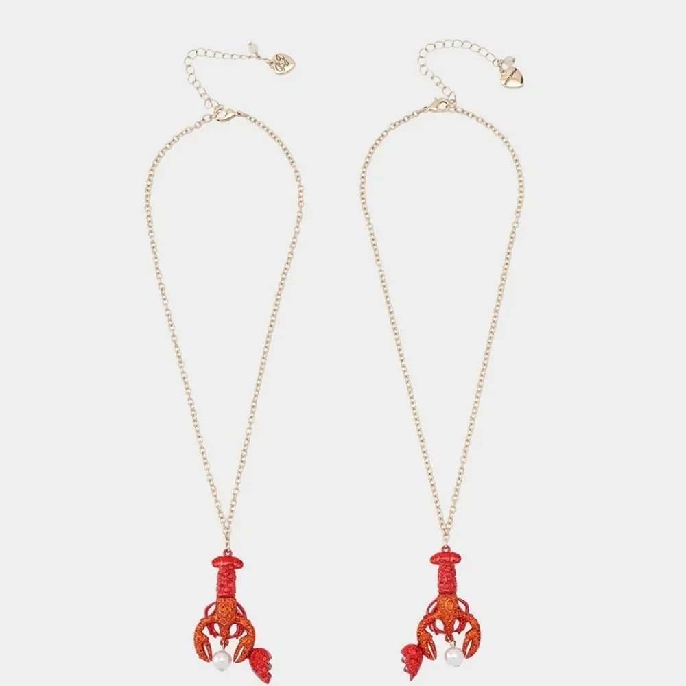 🦞▪️Betsey Johnson▪️ Mermaid Jewels Lobster Friendship Necklace Set Red